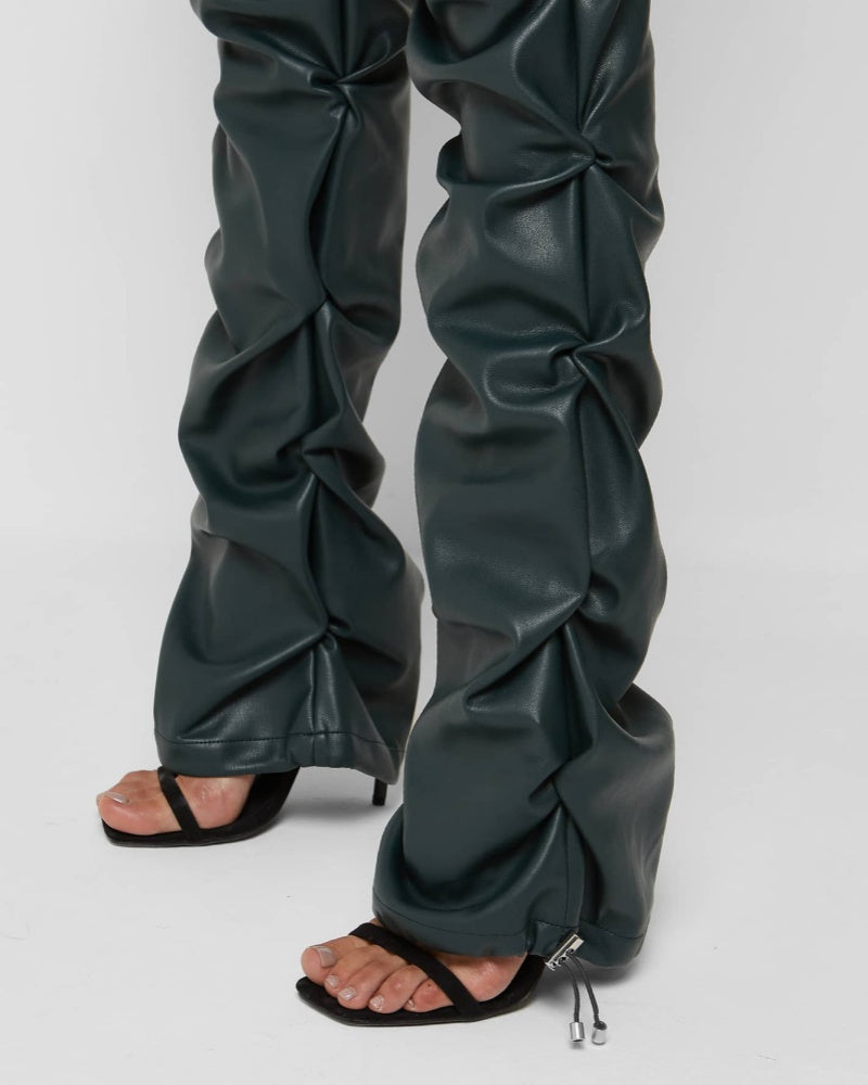 PU Leather Personalized Pleated Flared Pants  - By Qivii
