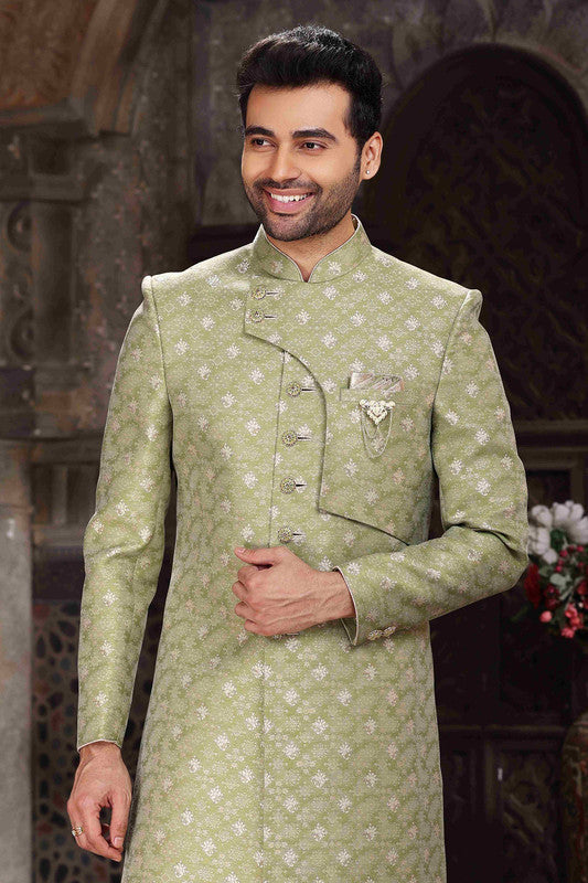 Men's Banarasi Jacquard Woven Work Indo Western Sherwani In Green Colour