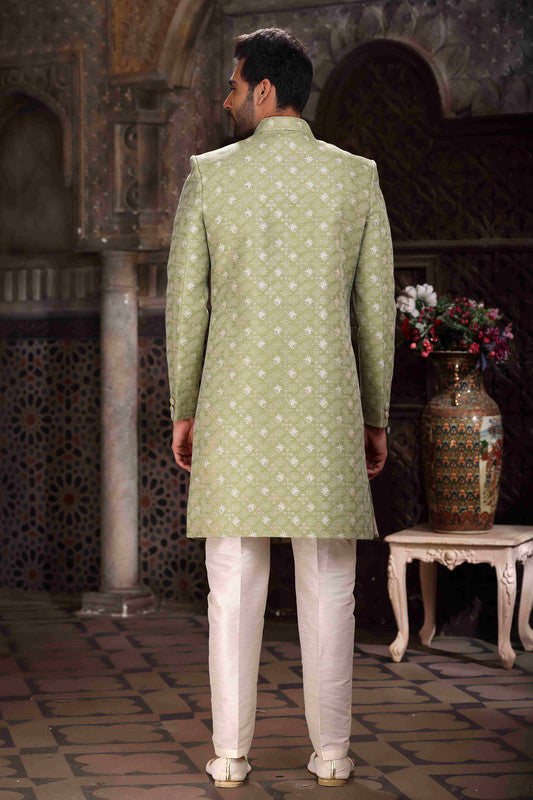 Men's Banarasi Jacquard Woven Work Indo Western Sherwani In Green Colour