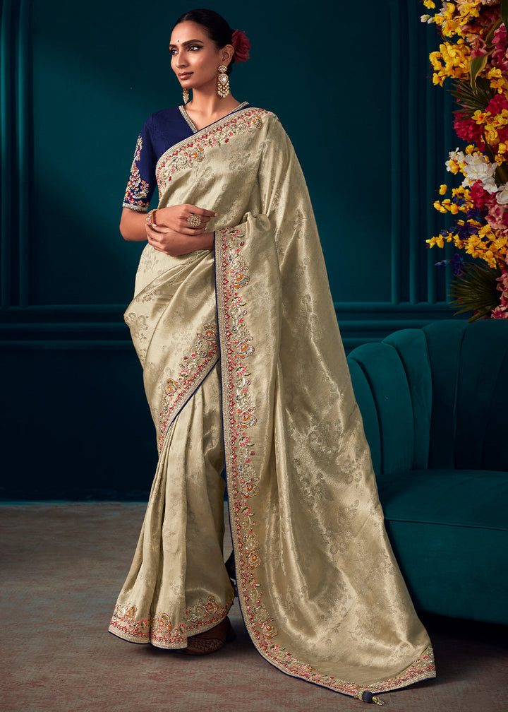 Pale Brown Woven Kanjivaram Silk Saree with Sequin,Stone,Khatli & Pearl work