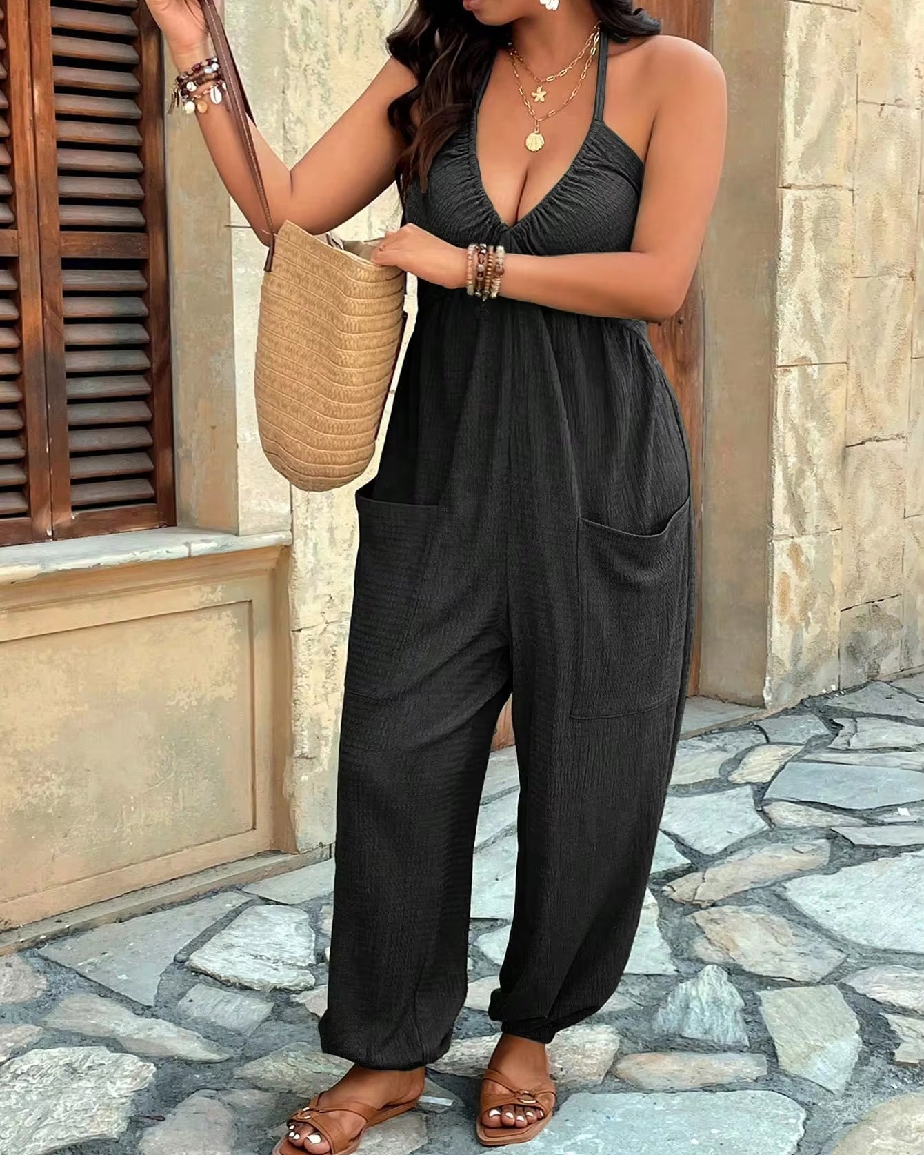 Halter Backless Ruched Pocket Jogger Jumpsuit  - By Qivii