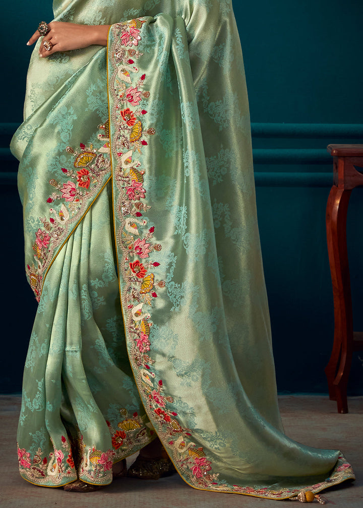 Blue & Green Woven Kanjivaram Silk Saree with Sequin,Stone,Khatli & Pearl work