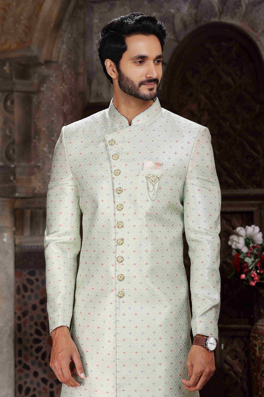 Men's Banarasi Jacquard Woven Work Indo Western Sherwani In Pista Green Colour