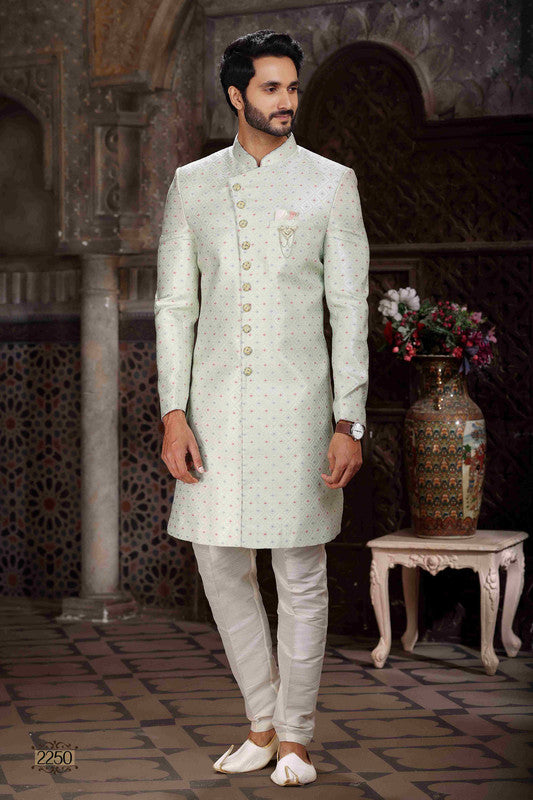 Men's Banarasi Jacquard Woven Work Indo Western Sherwani In Pista Green Colour