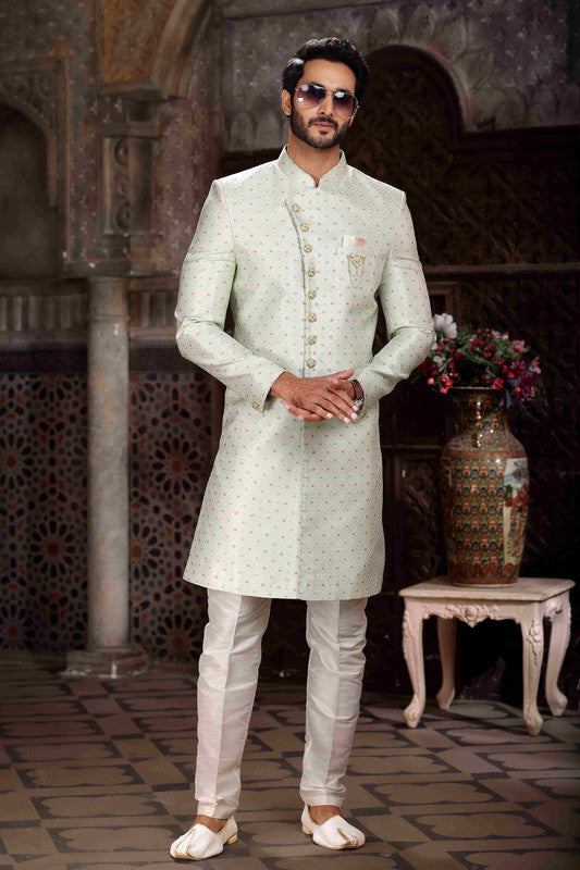 Men's Banarasi Jacquard Woven Work Indo Western Sherwani In Pista Green Colour
