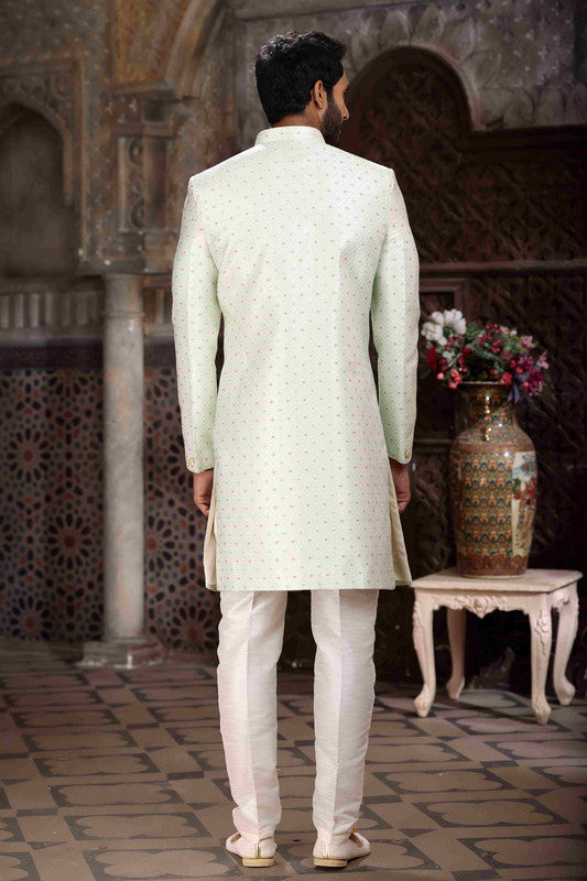 Men's Banarasi Jacquard Woven Work Indo Western Sherwani In Pista Green Colour