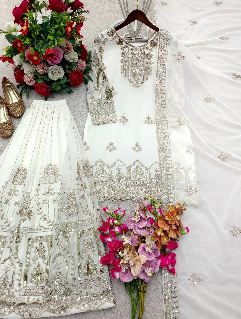 Pearl White Georgette Embroidery Salwar Suit
