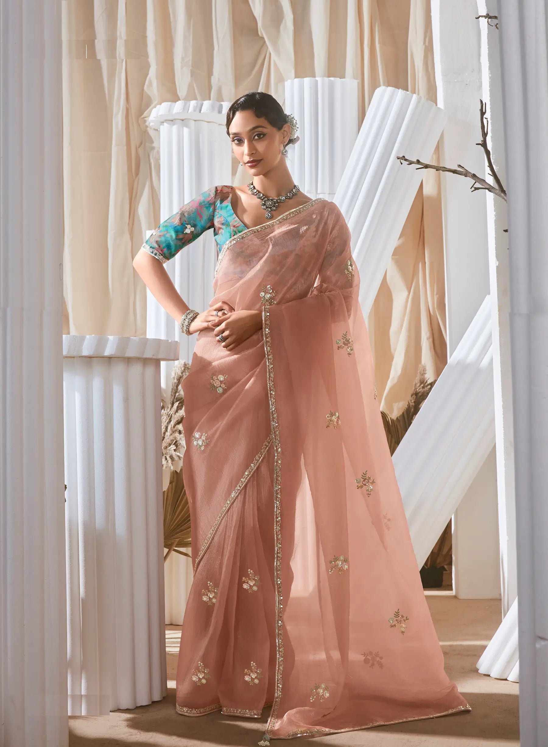 Dusty Peach Fancy Tissue Embroidery Work Saree - qivii