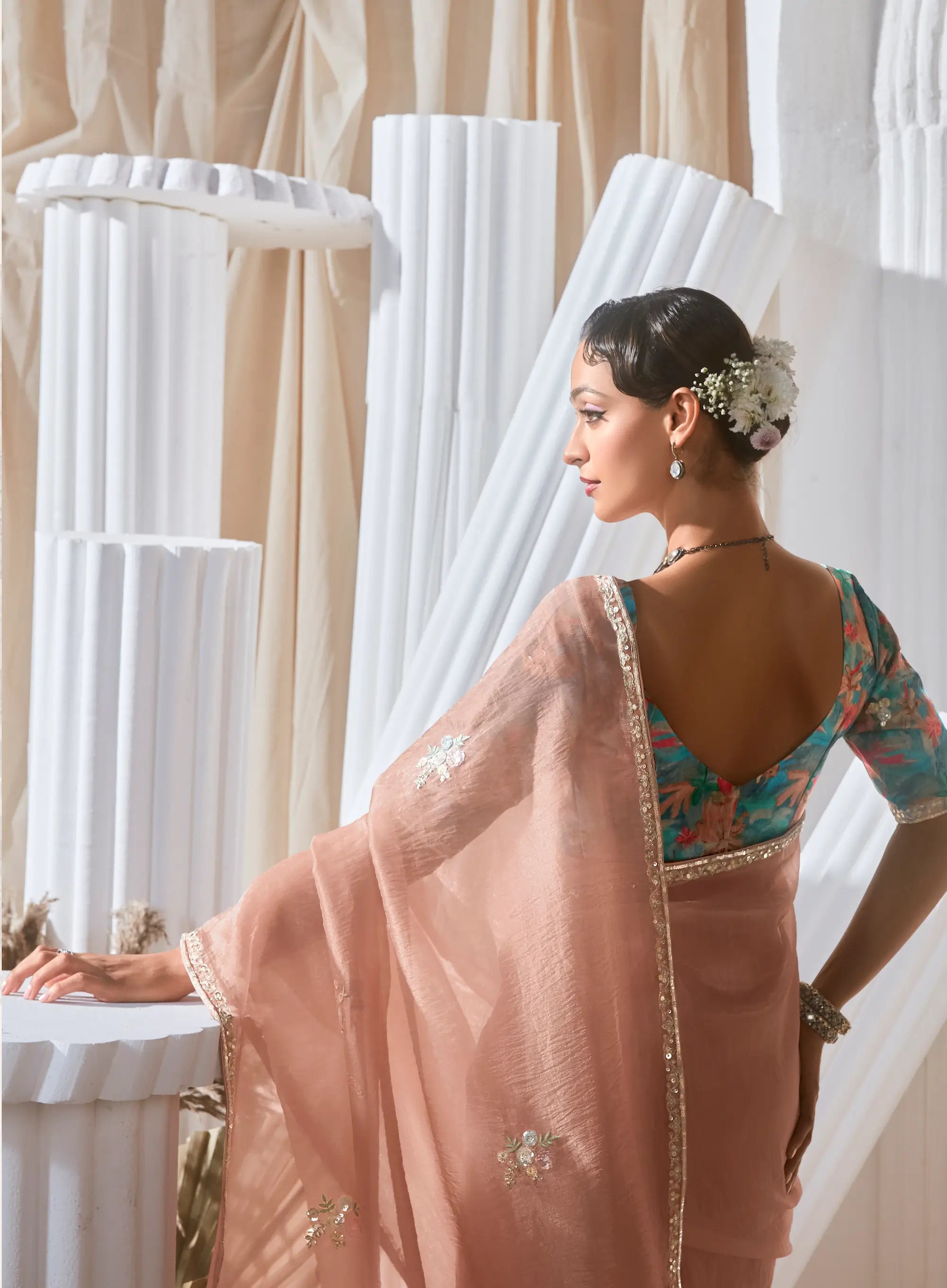 Dusty Peach Fancy Tissue Embroidery Work Saree - qivii