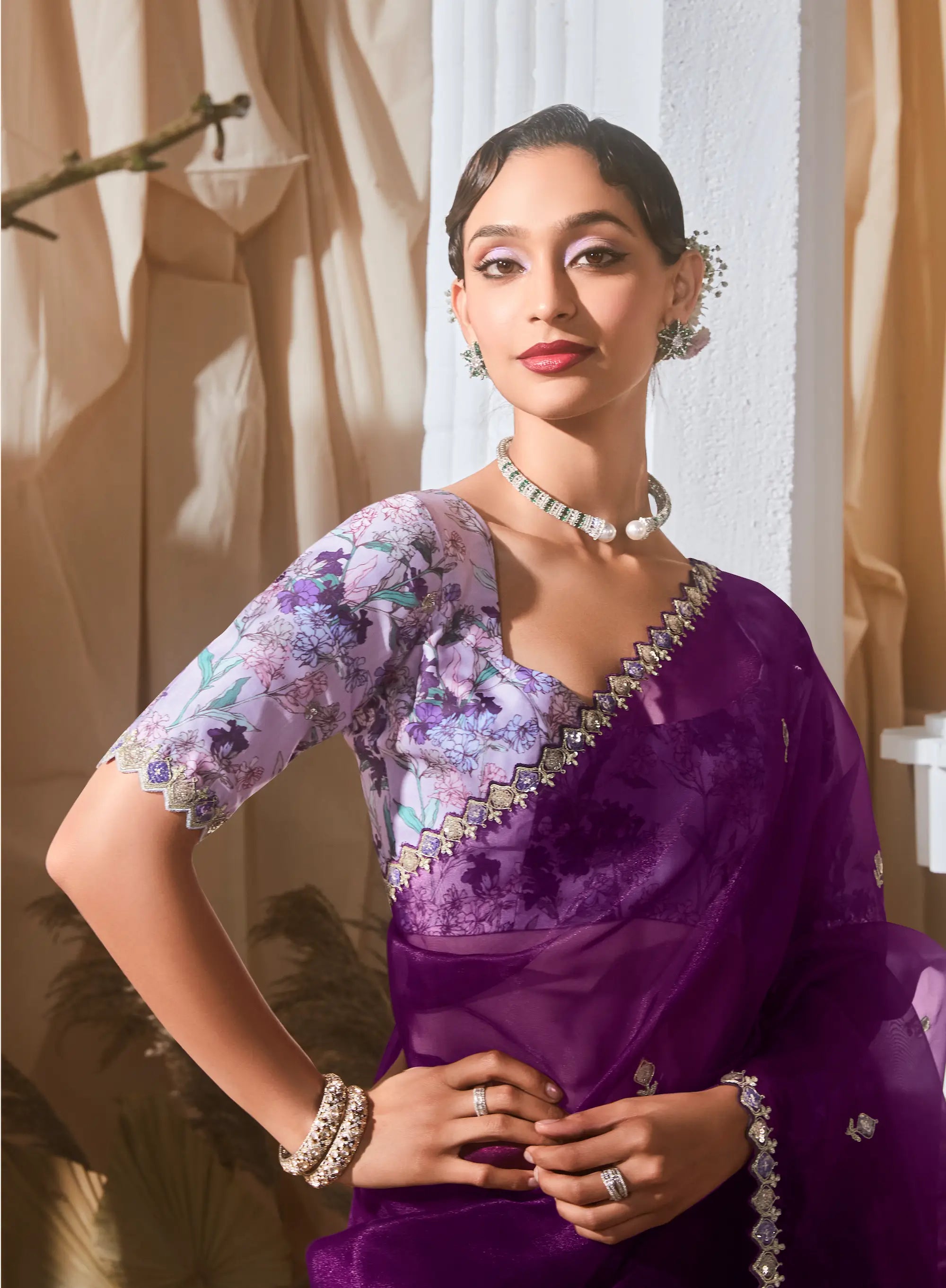 Deep Purple Fancy Tissue Embroidery Work Saree - qivii