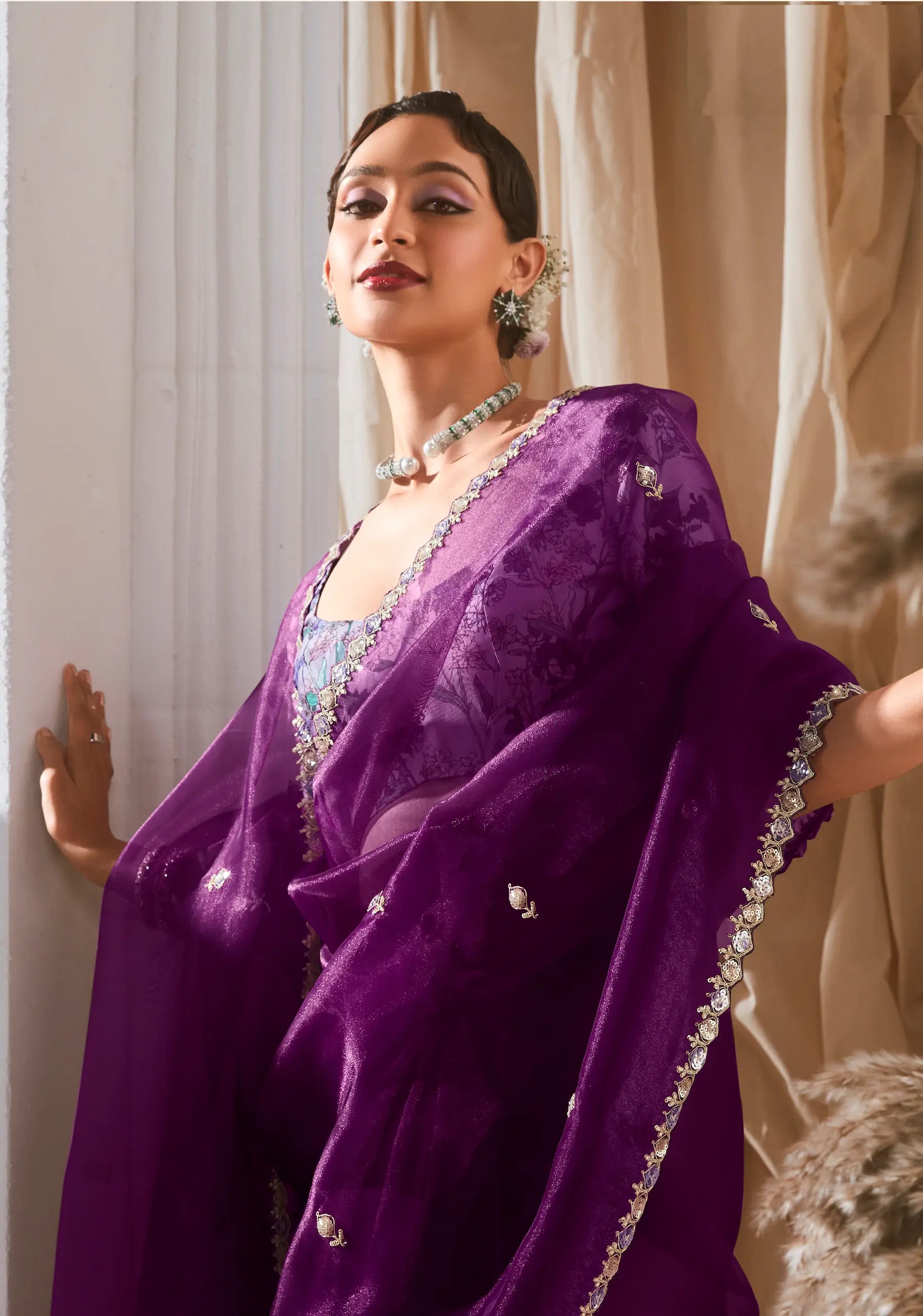 Deep Purple Fancy Tissue Embroidery Work Saree - qivii
