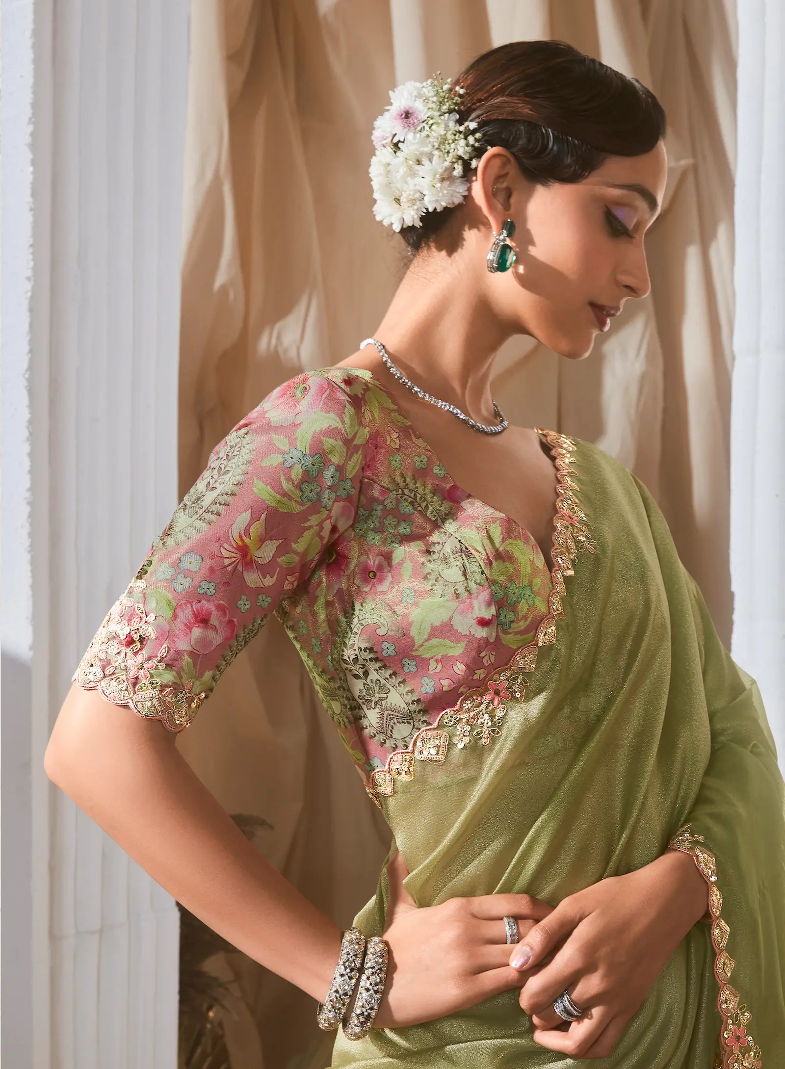 Olive Green Fancy Tissue Embroidery Work Saree - qivii