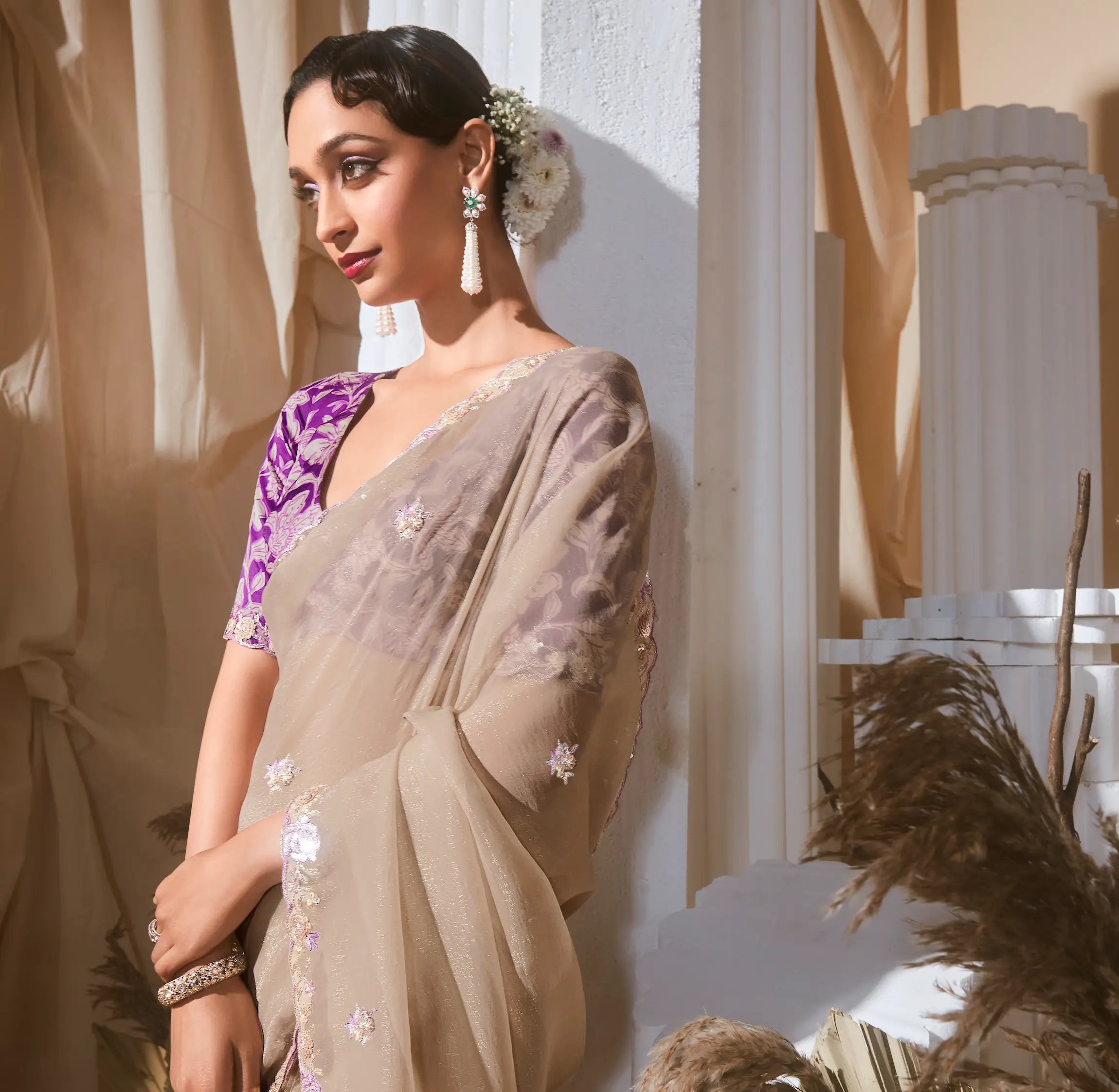 Beige Fancy Tissue Embroidery Work Saree - qivii