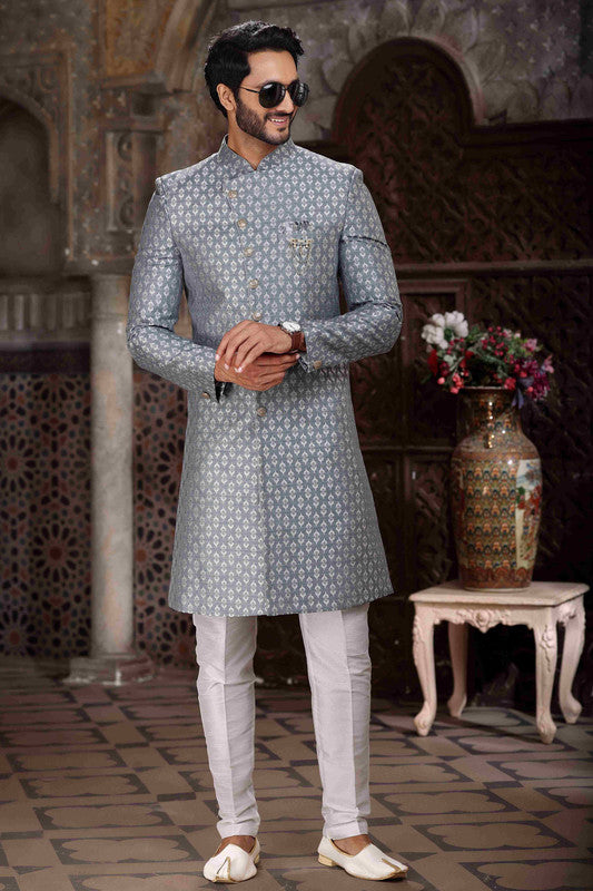 Men's Banarasi Jacquard Woven Work Indo Western Sherwani In Grey Colour