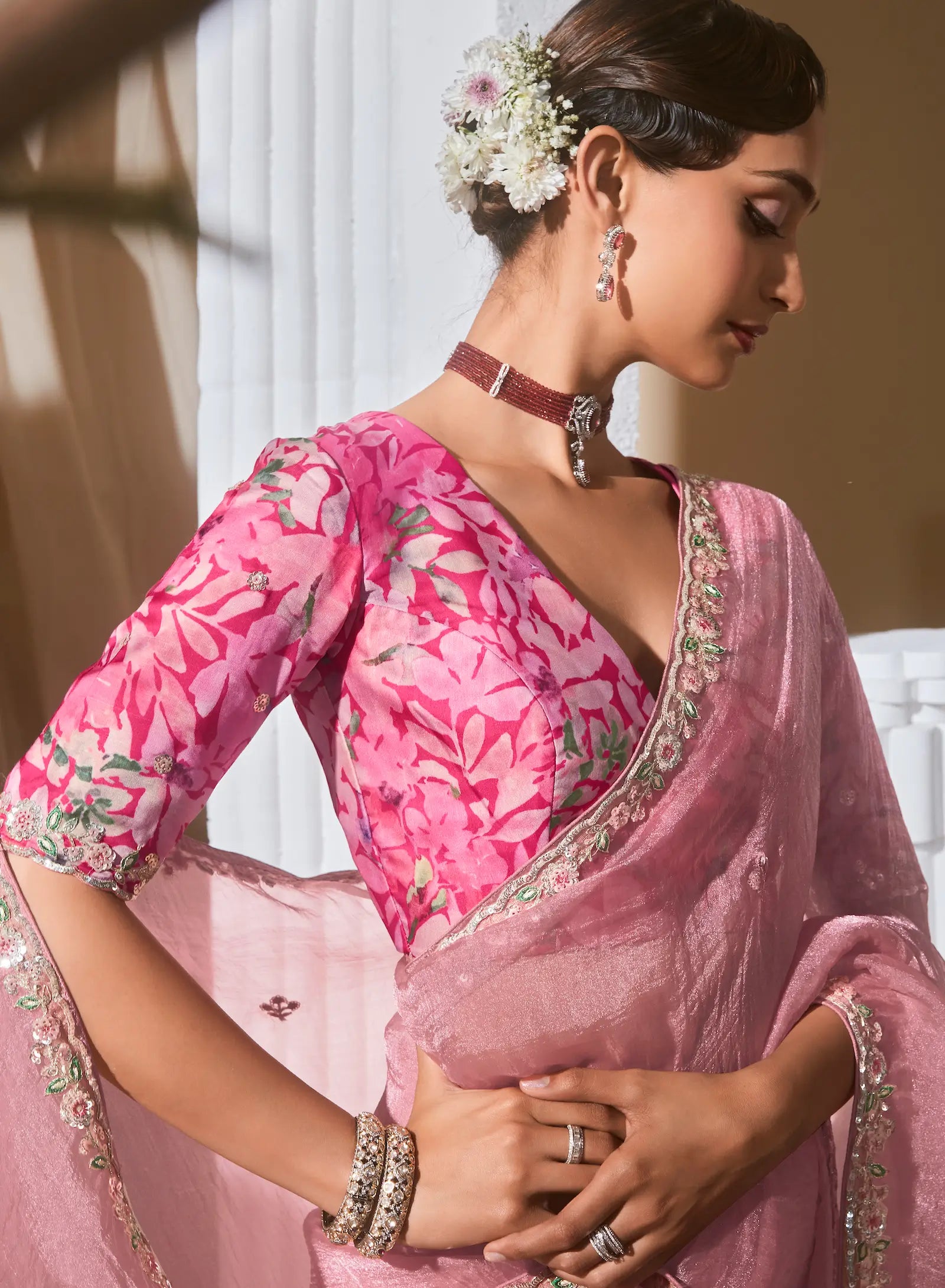 Daisy Pink Fancy Tissue Embroidery Work Saree - qivii