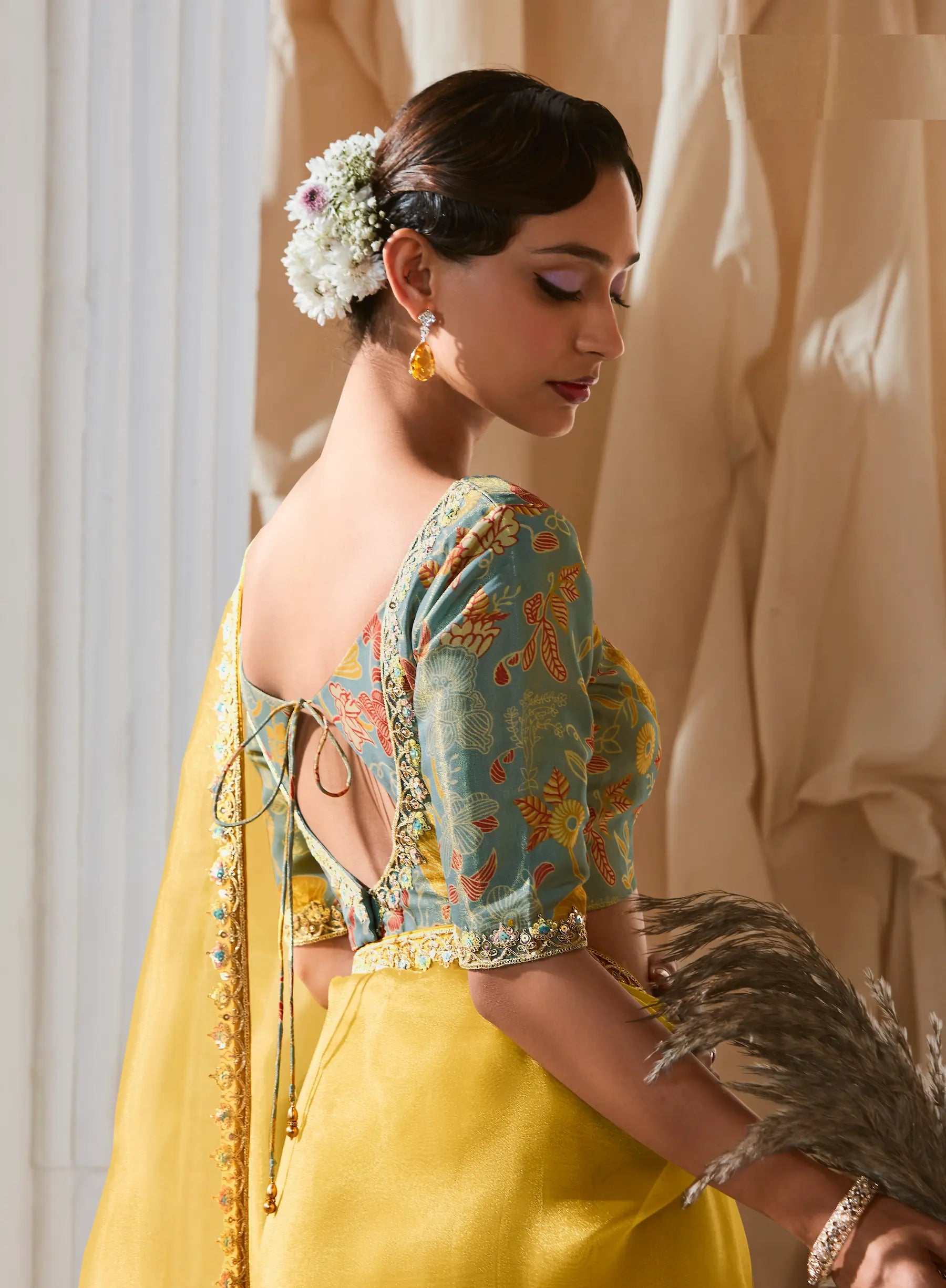 Golden Yellow Fancy Tissue Embroidery Work Saree - qivii