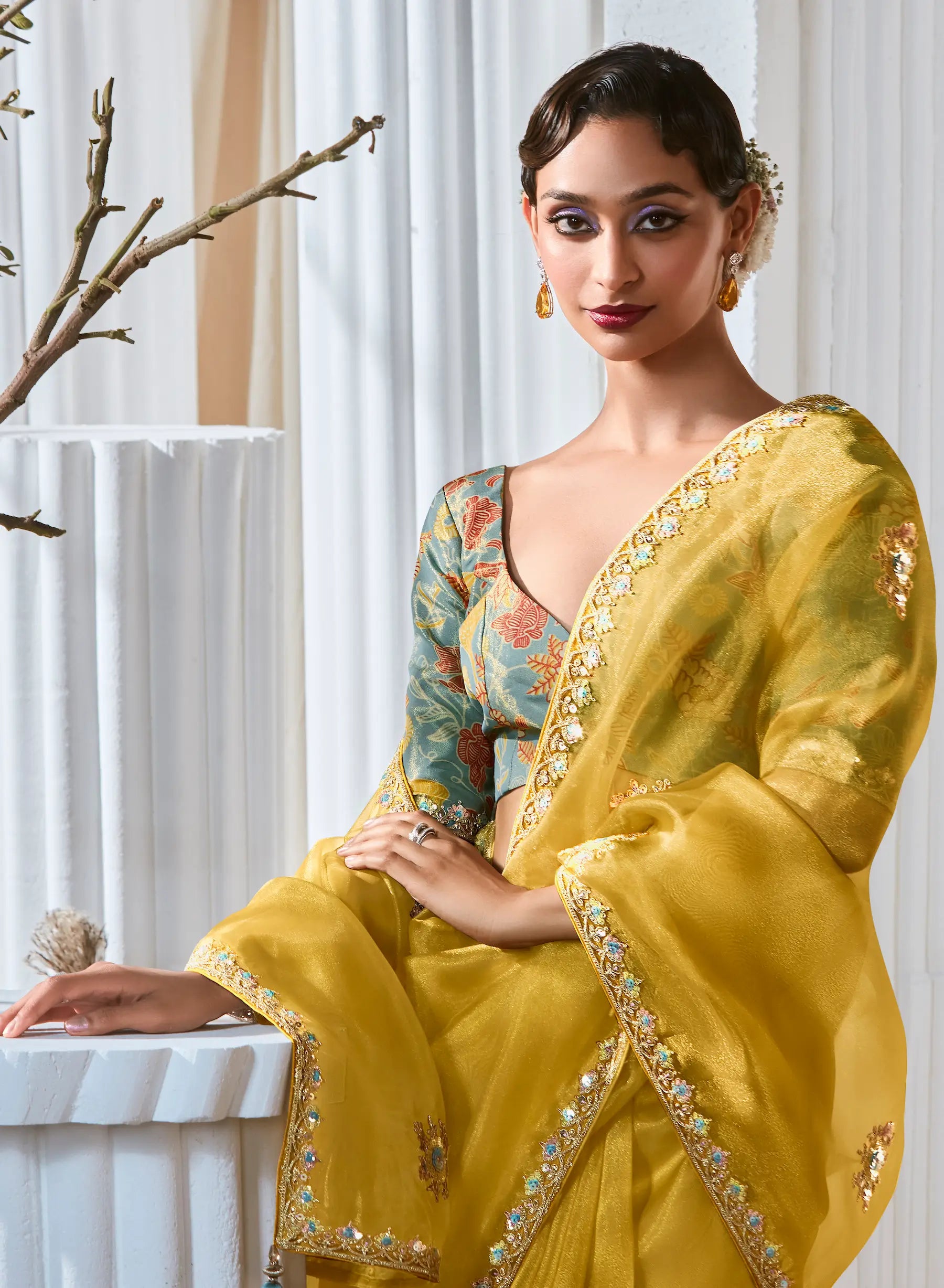 Golden Yellow Fancy Tissue Embroidery Work Saree - qivii