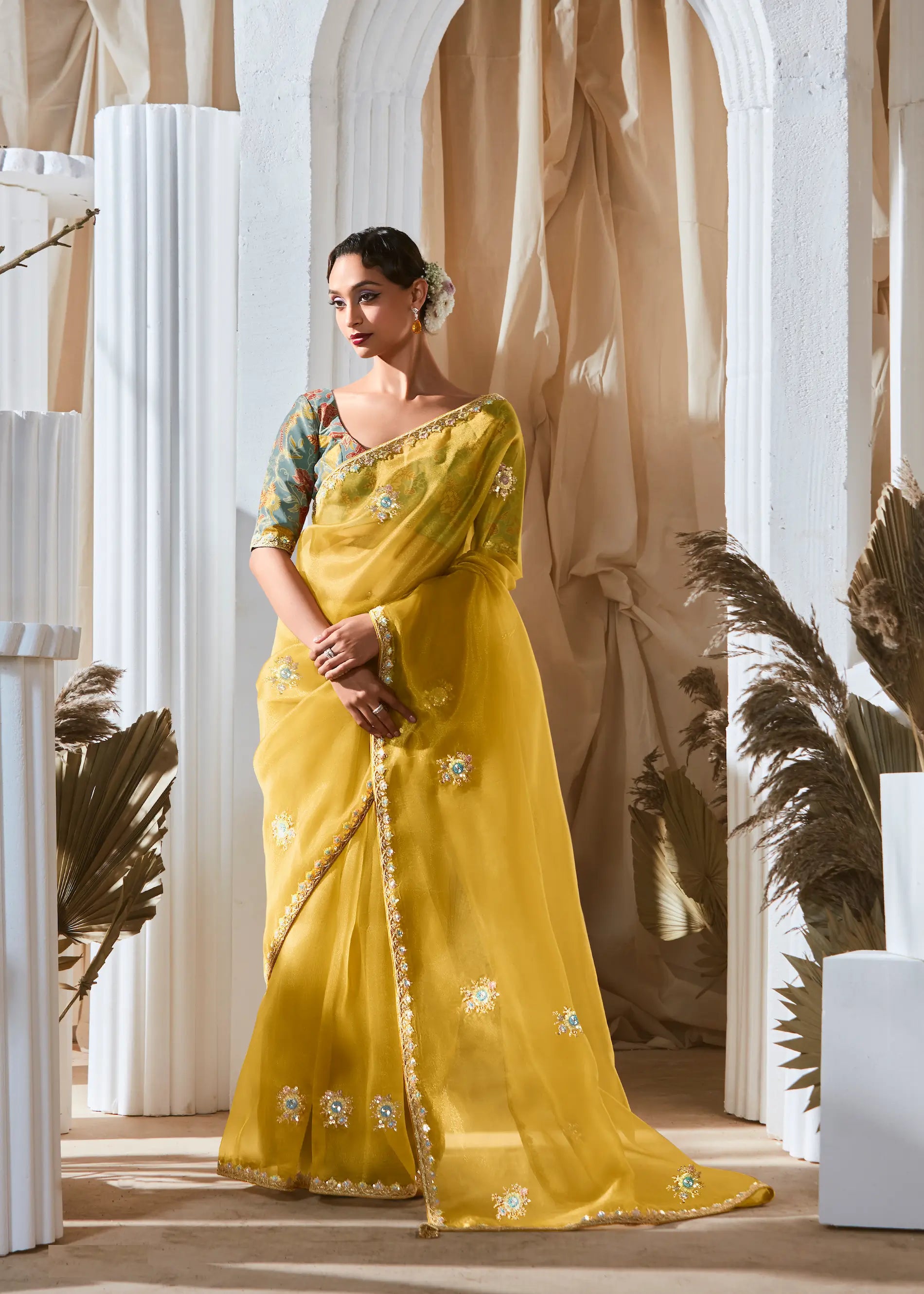 Golden Yellow Fancy Tissue Embroidery Work Saree - qivii