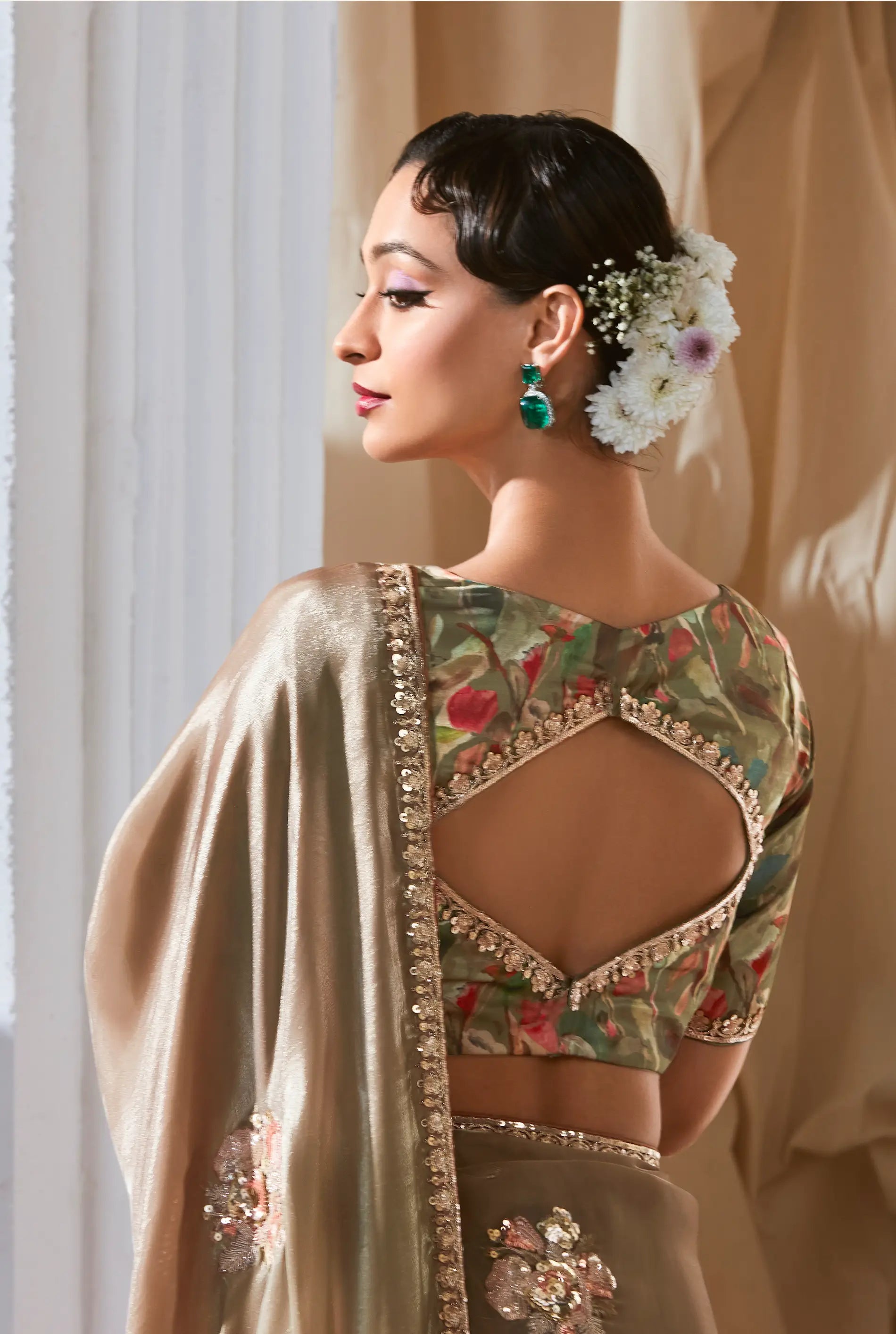 Olive-Brown Shaded Fancy Tissue Embroidery Work Saree - qivii