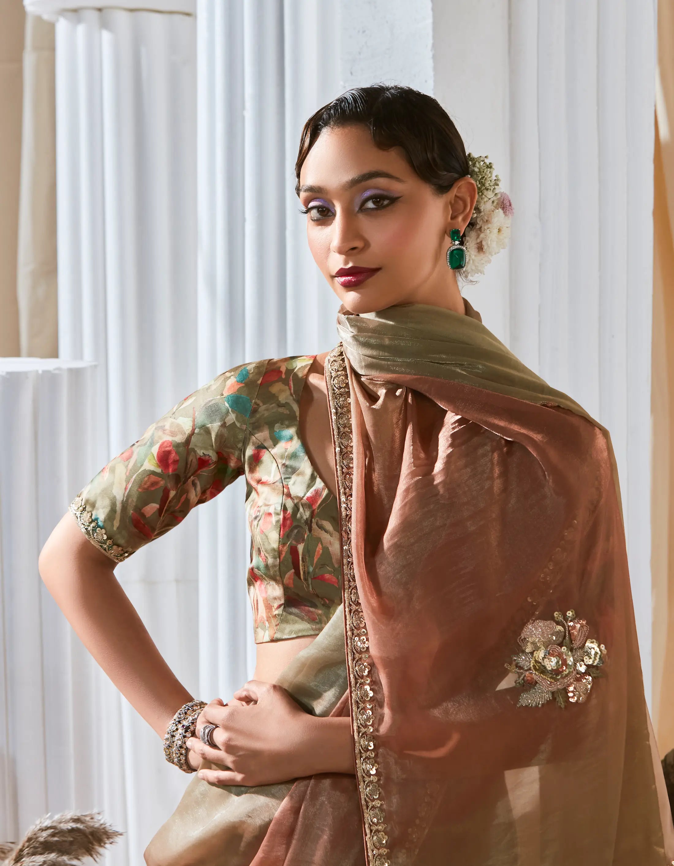 Olive-Brown Shaded Fancy Tissue Embroidery Work Saree - qivii