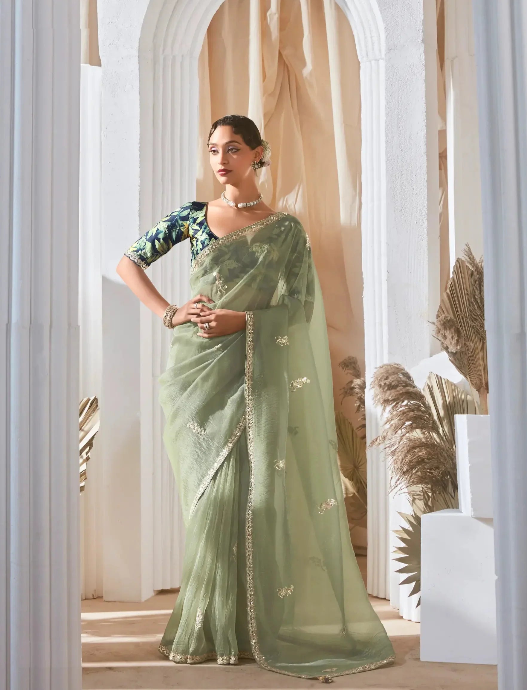 Sea Green Fancy Tissue Embroidery Work Saree - qivii
