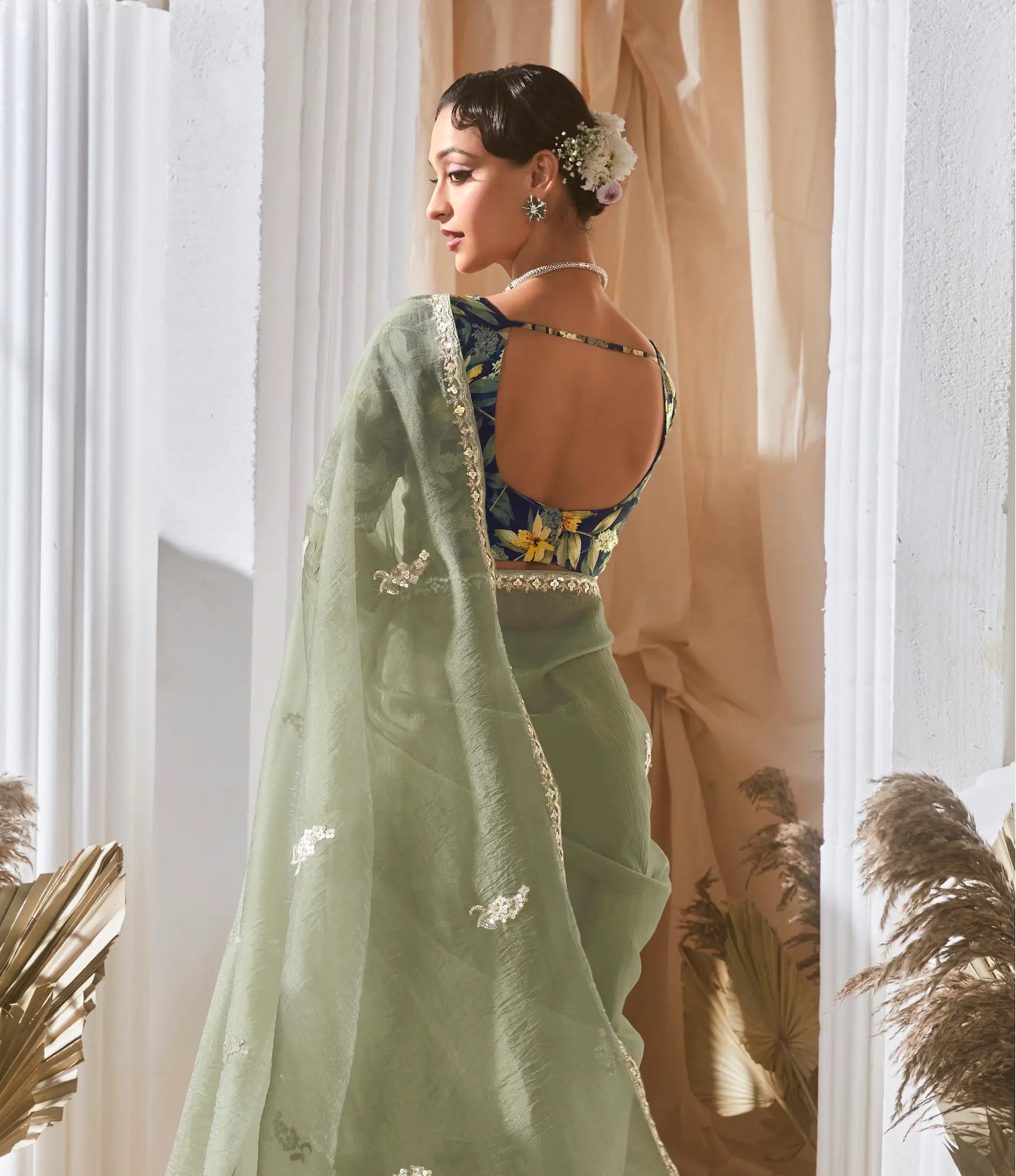 Sea Green Fancy Tissue Embroidery Work Saree - qivii