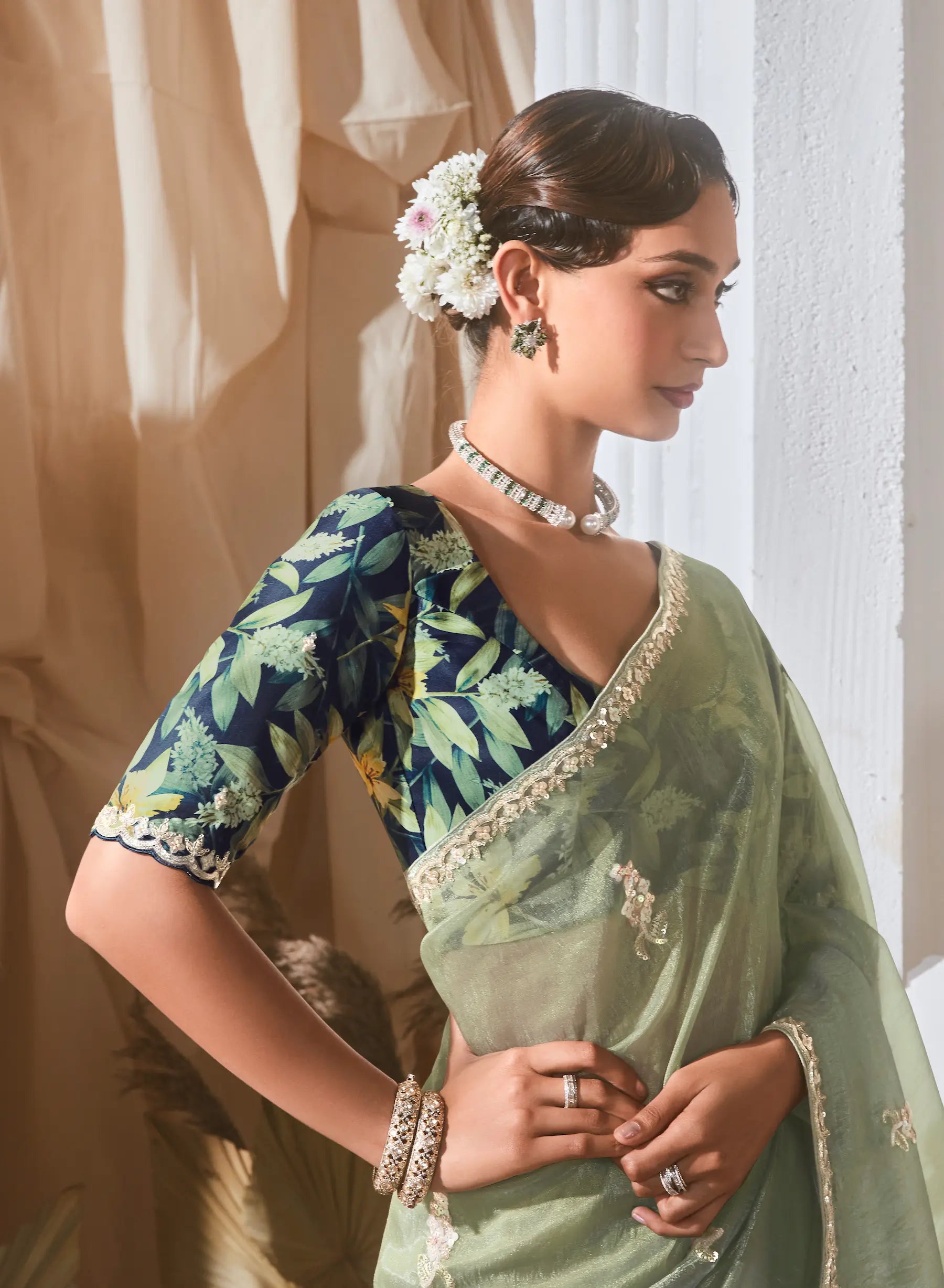 Sea Green Fancy Tissue Embroidery Work Saree - qivii