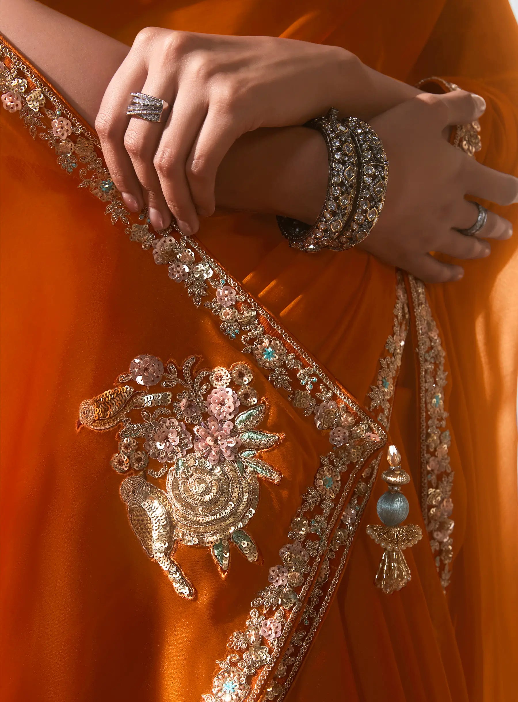 Bright Orange Fancy Tissue Embroidery Work Saree - qivii