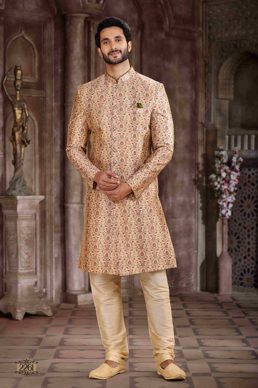 Men's Art Silk Digital Print Sherwani In Beige Colour