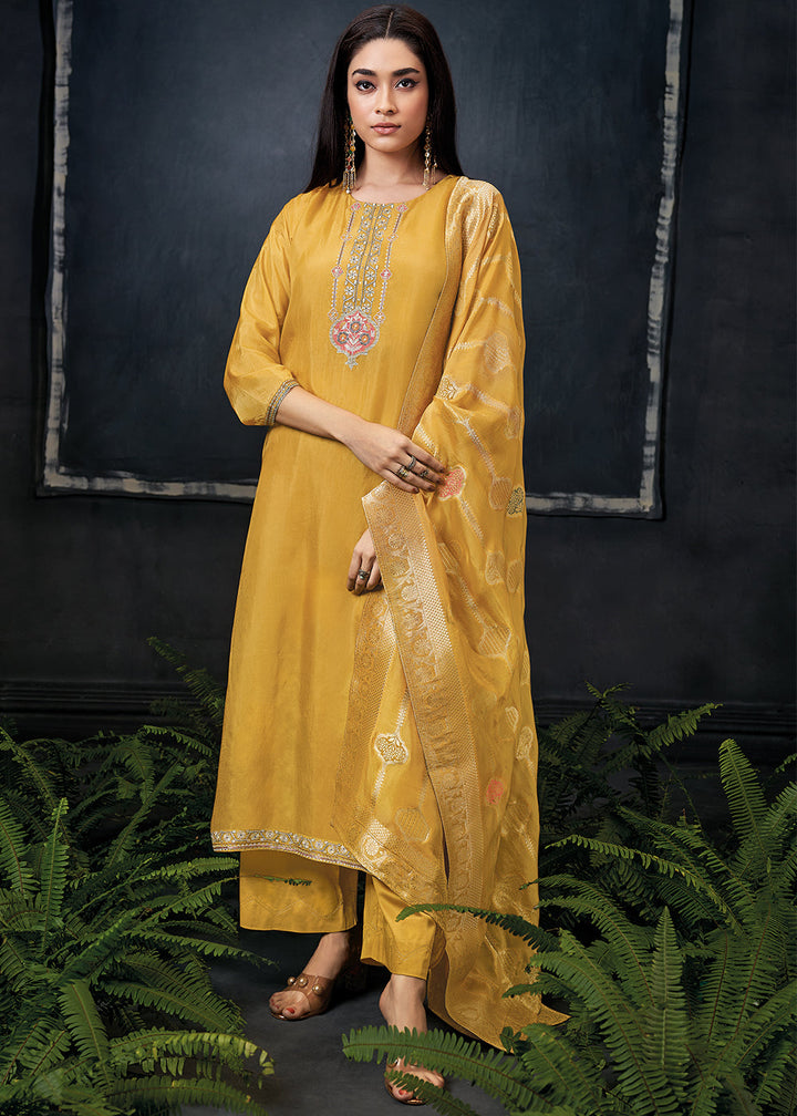 Saffron Yellow Embroidered Organza Salwar Suit: Top Pick By Qivii