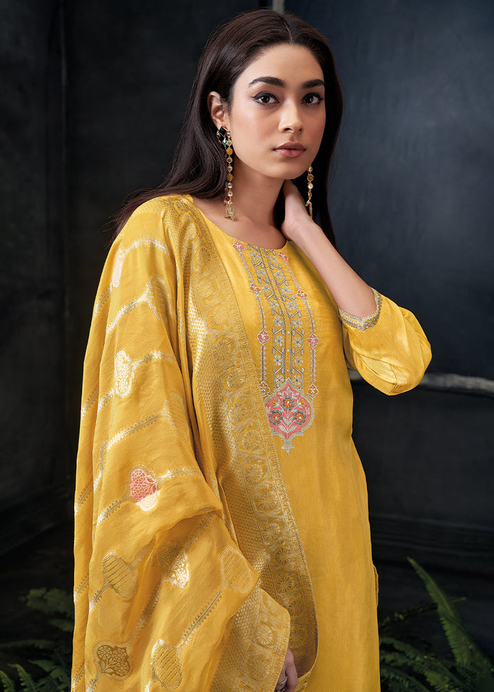 Saffron Yellow Embroidered Organza Salwar Suit: Top Pick By Qivii