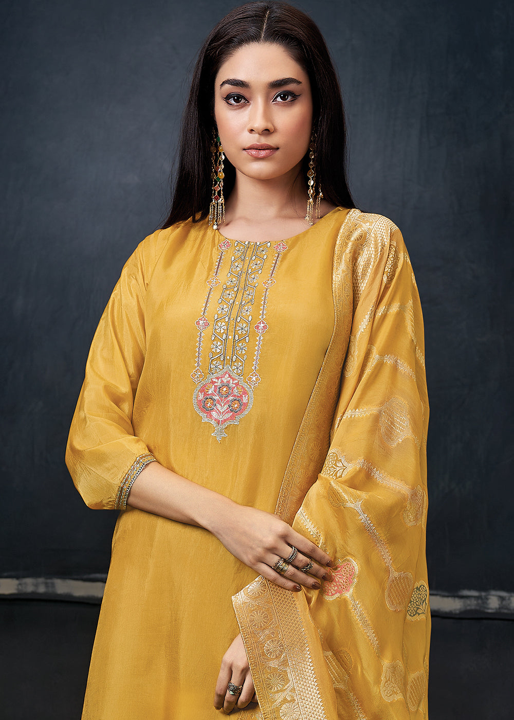 Saffron Yellow Embroidered Organza Salwar Suit: Top Pick By Qivii