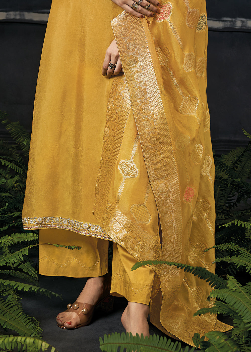 Saffron Yellow Embroidered Organza Salwar Suit: Top Pick By Qivii