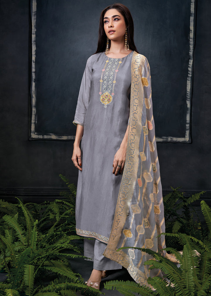 Flint Grey Embroidered Organza Salwar Suit: Top Pick By Qivii