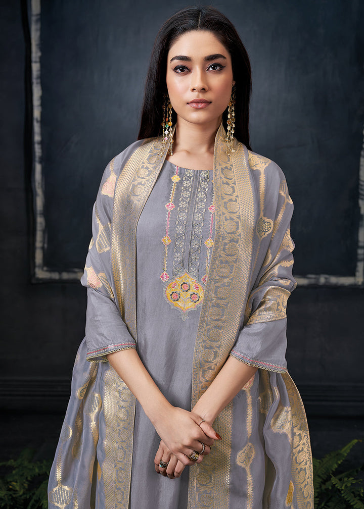 Flint Grey Embroidered Organza Salwar Suit: Top Pick By Qivii