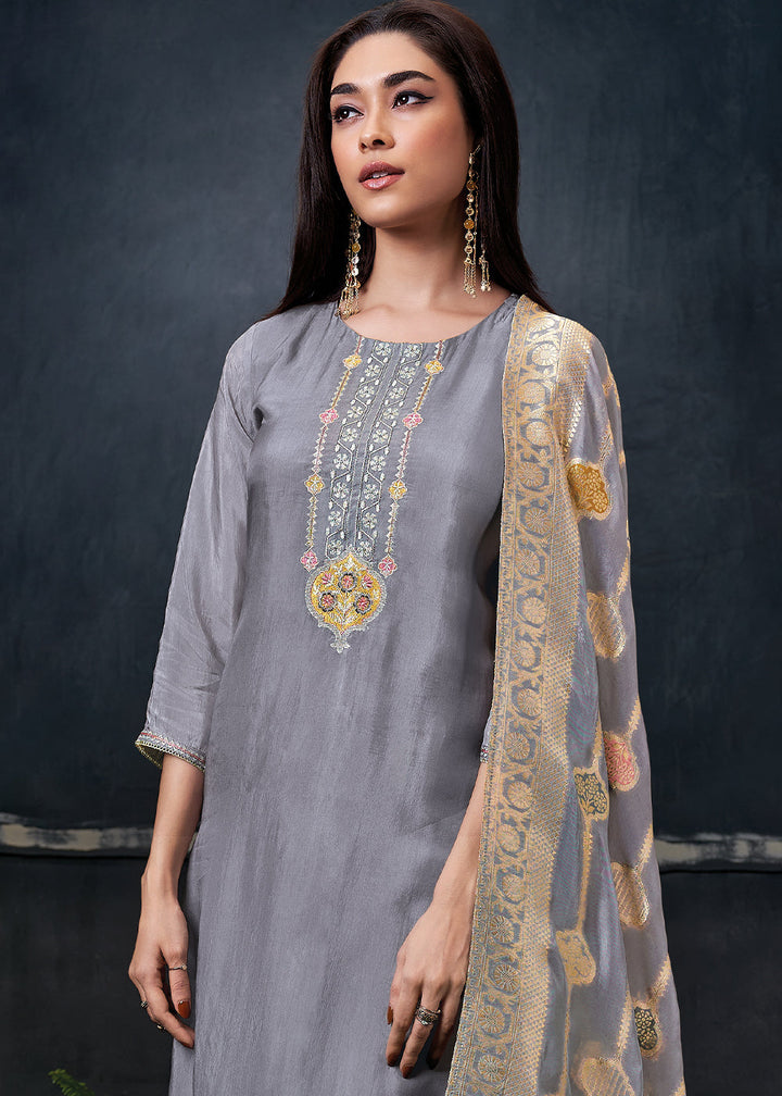 Flint Grey Embroidered Organza Salwar Suit: Top Pick By Qivii