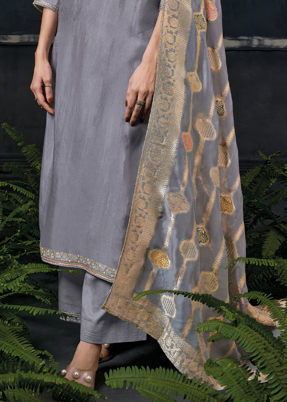 Flint Grey Embroidered Organza Salwar Suit: Top Pick By Qivii