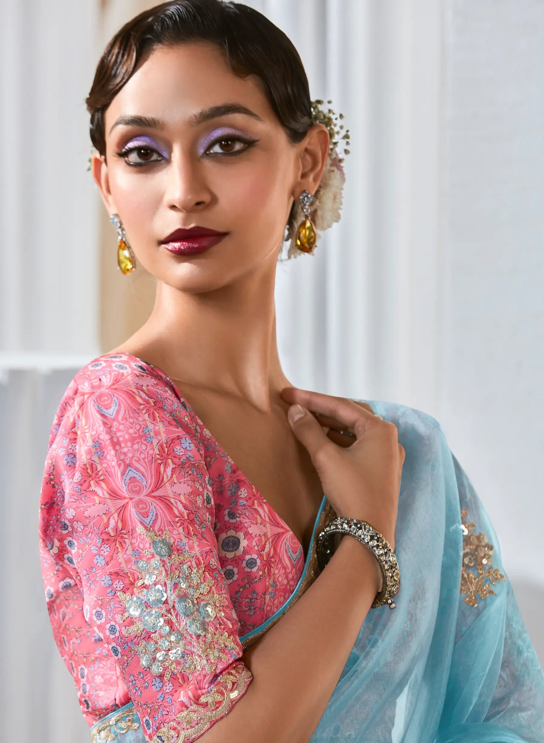 Glacier Blue Fancy Tissue Embroidery Work Saree - qivii