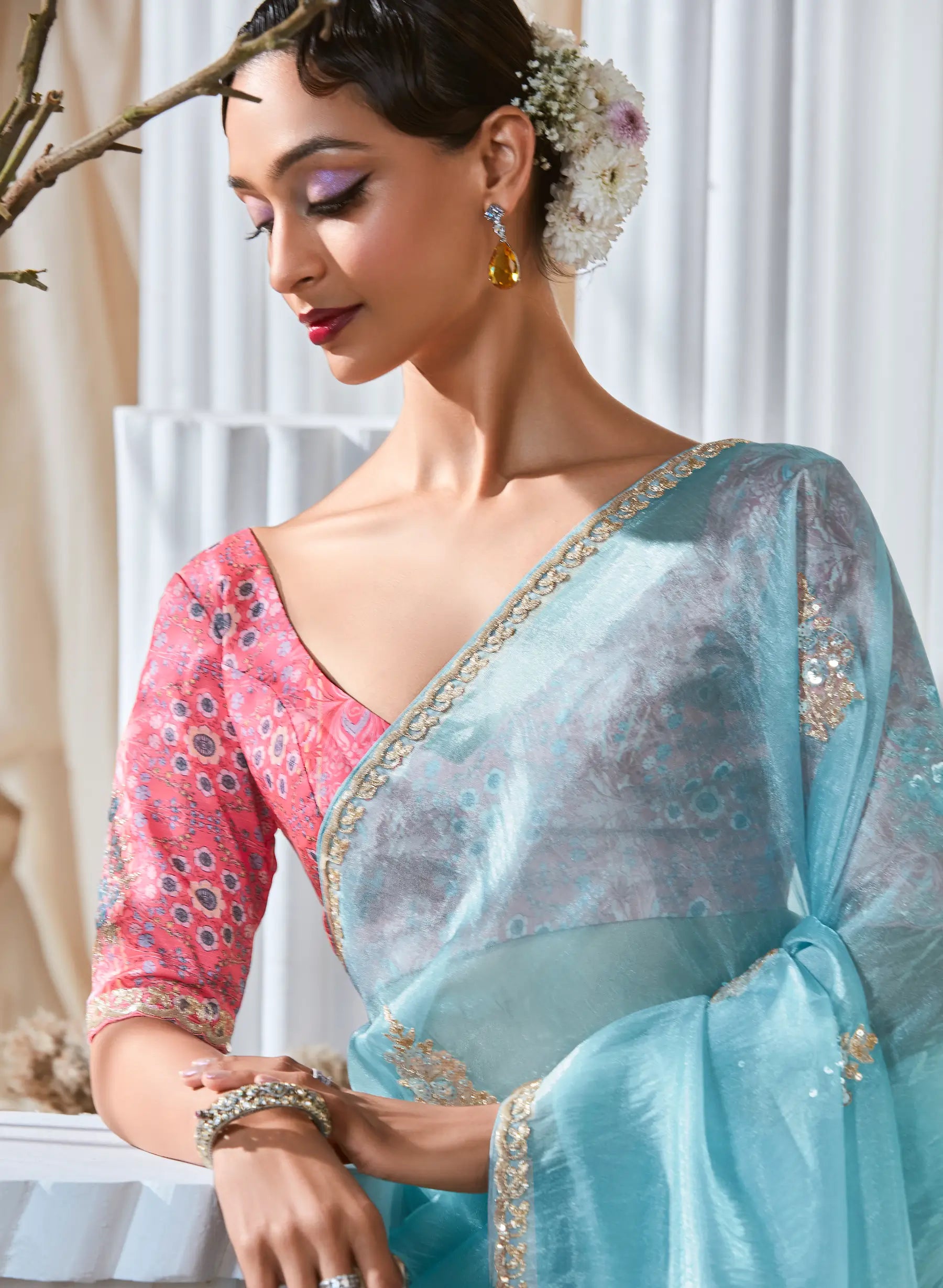 Glacier Blue Fancy Tissue Embroidery Work Saree - qivii
