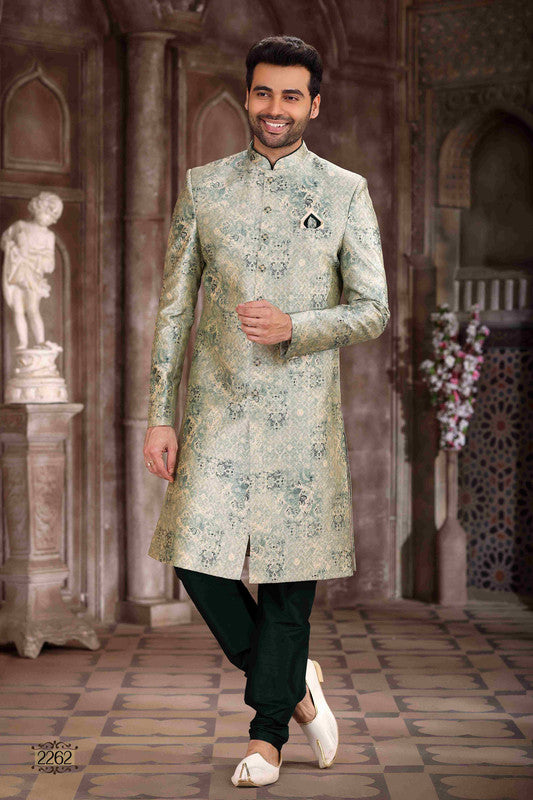 Men's Art Silk Digital Print Sherwani In Light Green Colour