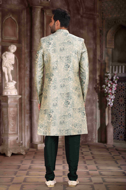Men's Art Silk Digital Print Sherwani In Light Green Colour