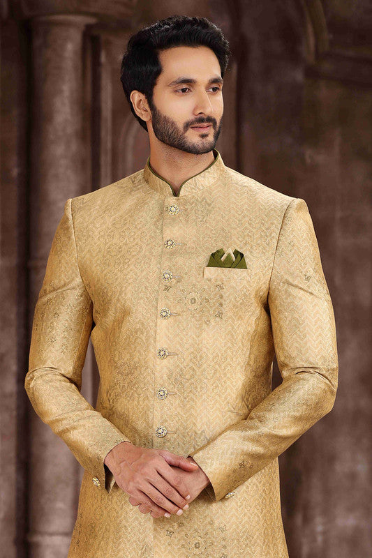 Men's Art Silk Digital Print Sherwani In Yellow Colour