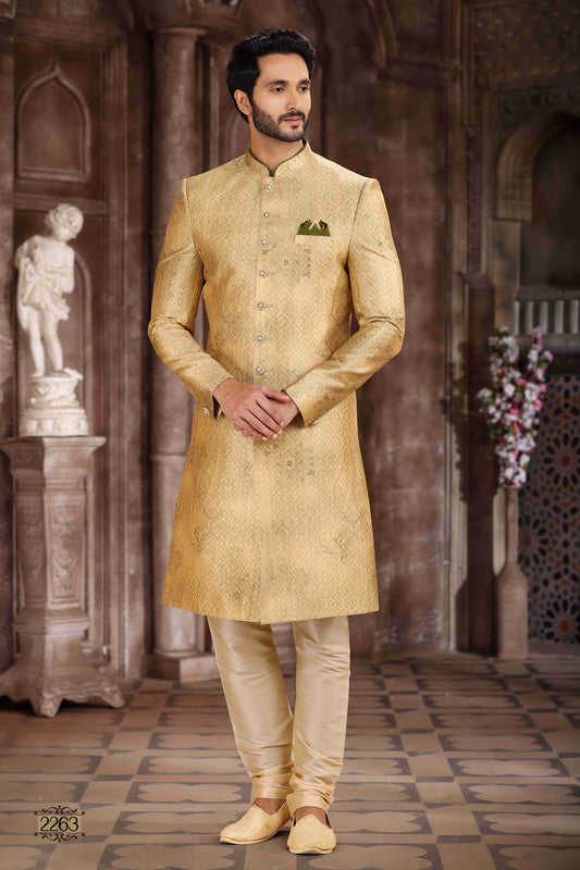 Men's Art Silk Digital Print Sherwani In Yellow Colour