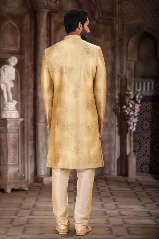 Men's Art Silk Digital Print Sherwani In Yellow Colour