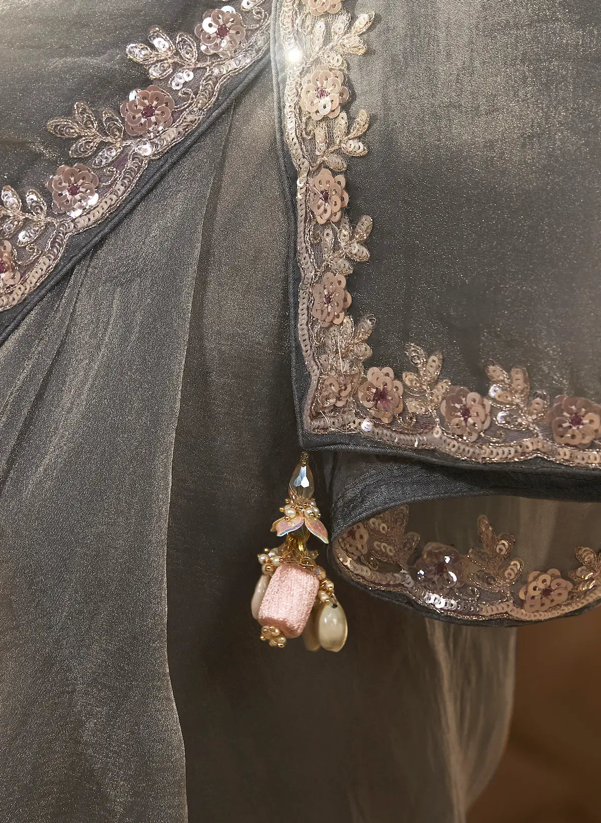 Grey Fancy Tissue Embroidery Work Saree - qivii