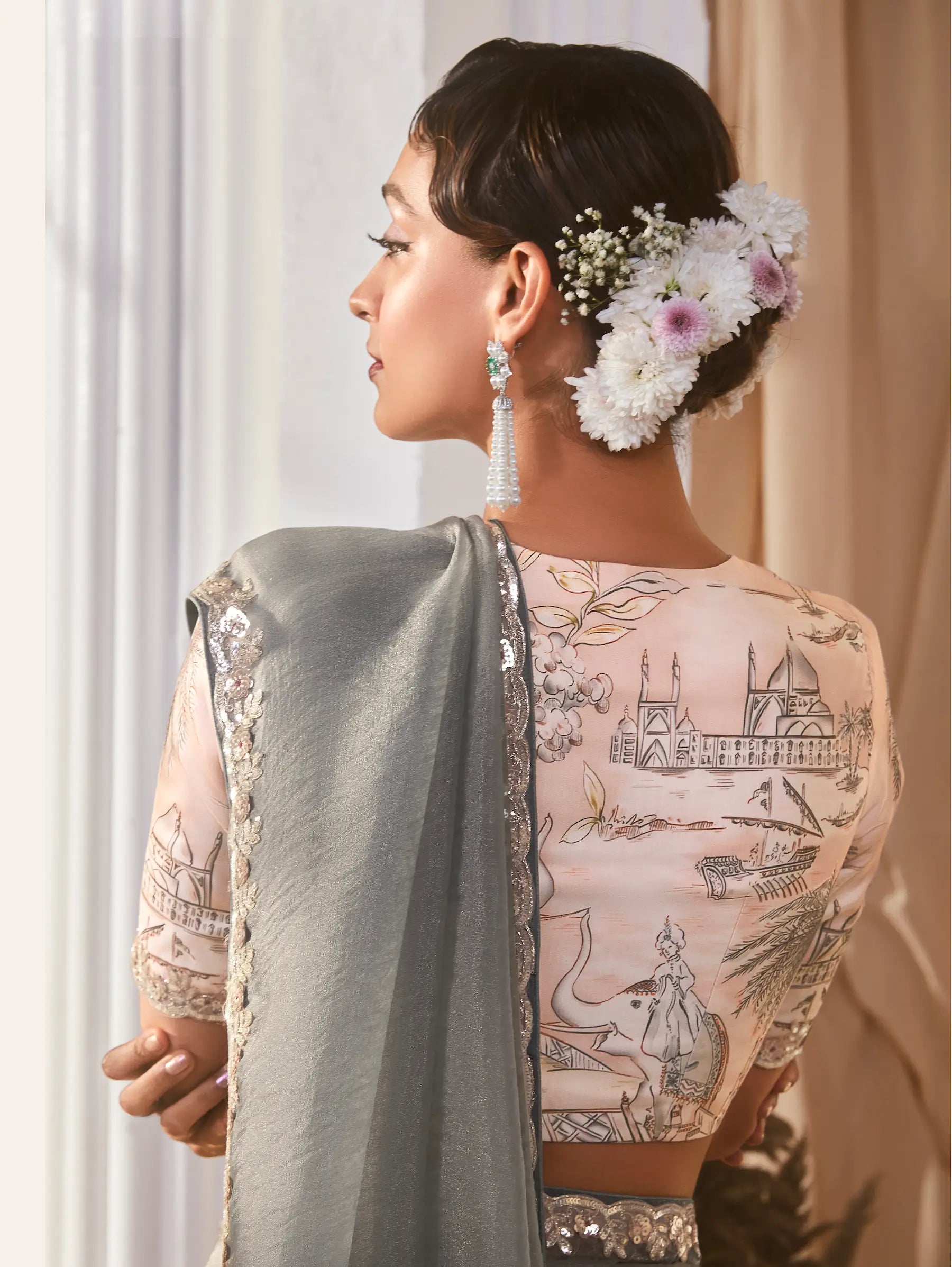 Grey Fancy Tissue Embroidery Work Saree - qivii