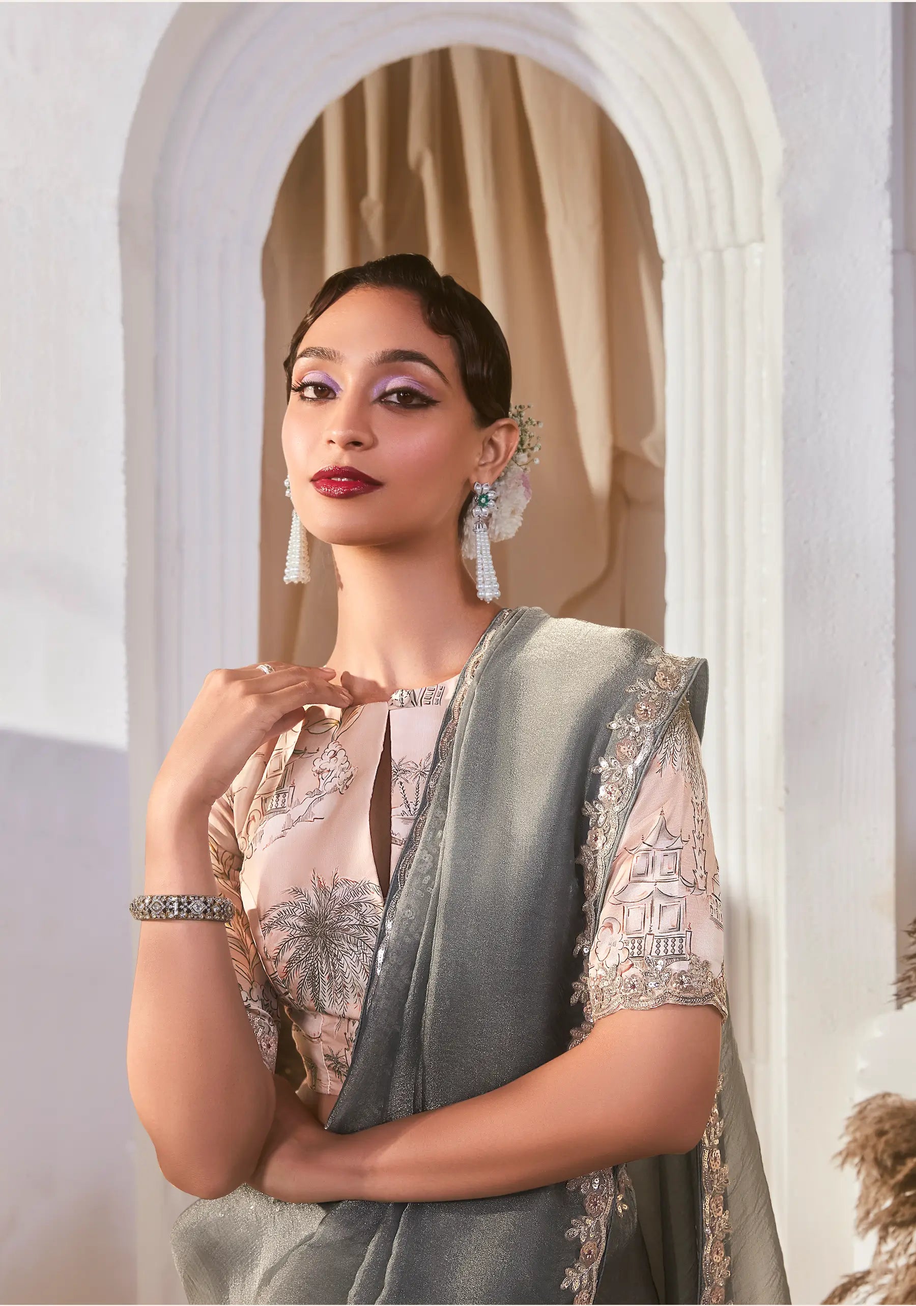 Grey Fancy Tissue Embroidery Work Saree - qivii