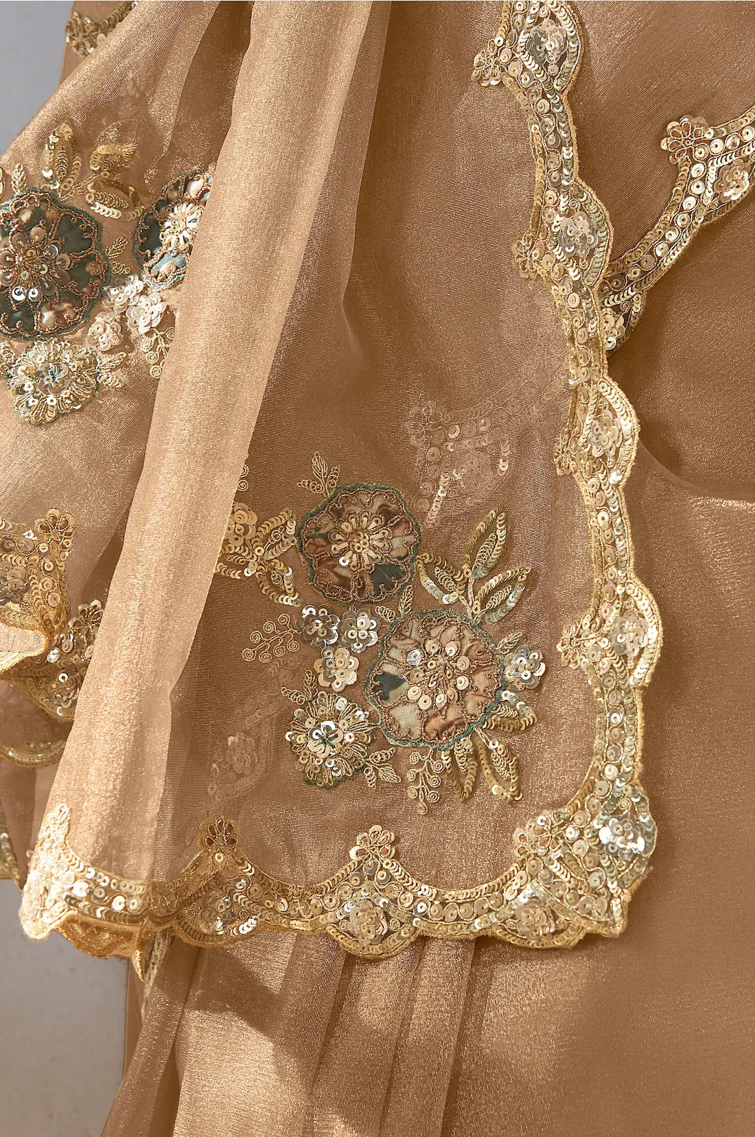 Sand Brown Fancy Tissue Embroidery Work Saree - qivii