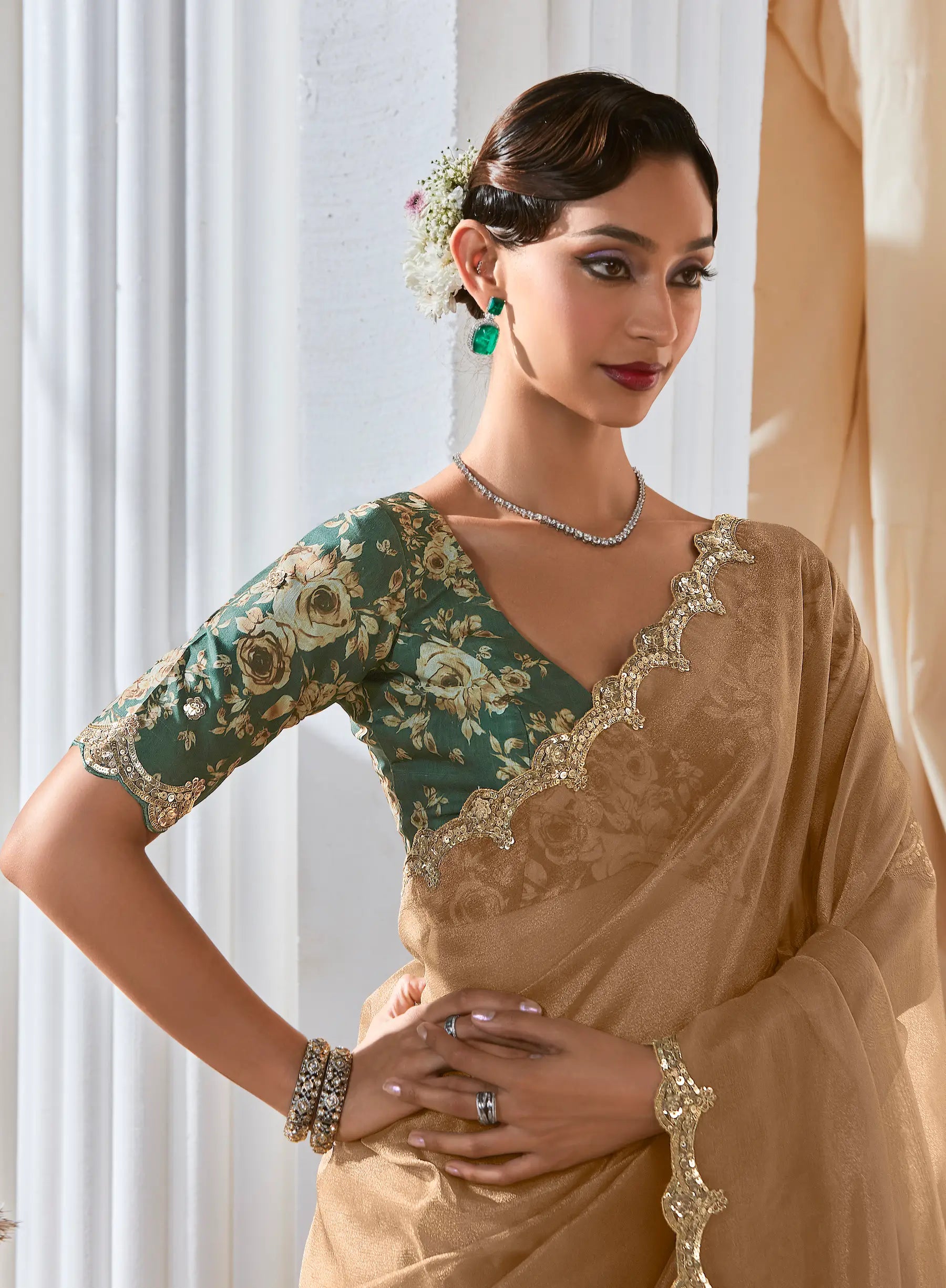 Sand Brown Fancy Tissue Embroidery Work Saree - qivii