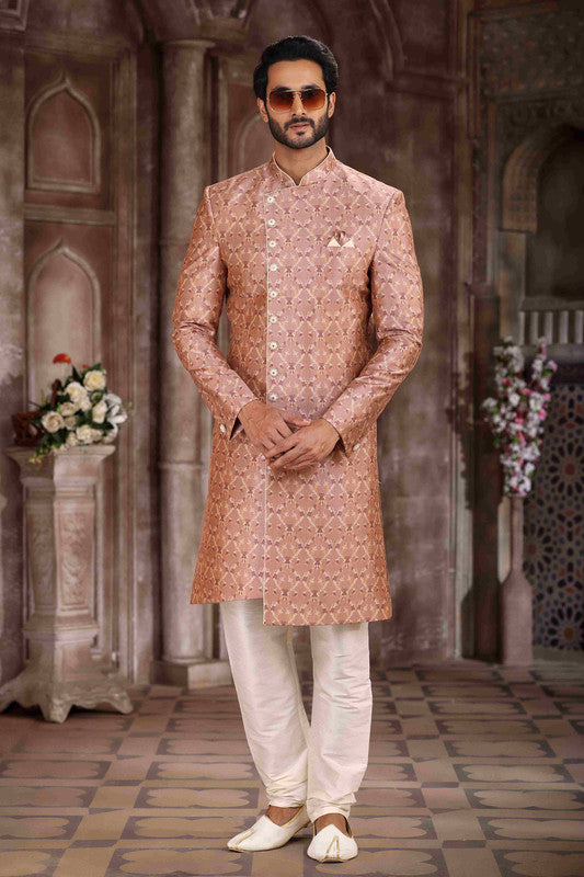 Men's Art Silk Digital Print Sherwani In Onion Pink Colour